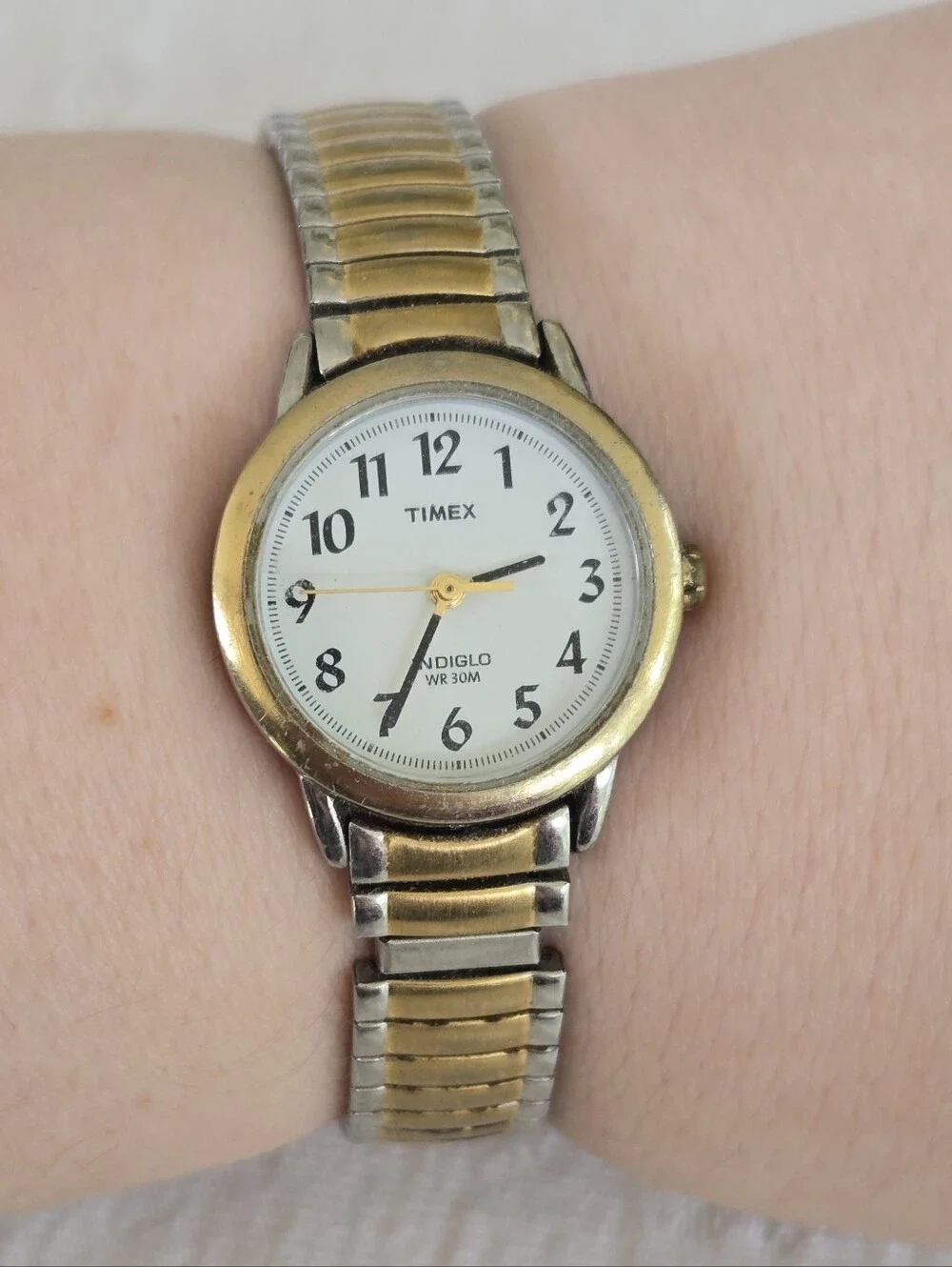 Timex Two-Tone Gold and Silver Women's Indiglo Watch Vintage Elastic StretchBand